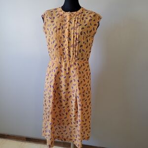 Vintage 70s mustard paisley button front dress with pintucks 1940s style